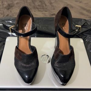 Beautiful Black Leather & Brown Suede Wedge Platform Shoes